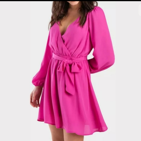 pink long sleeve wrap dress